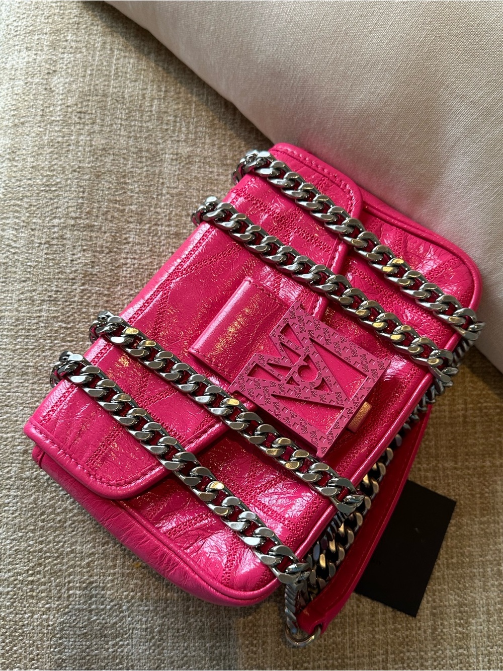 MCM Hot Pink Travia small crossbody patent leather bag
